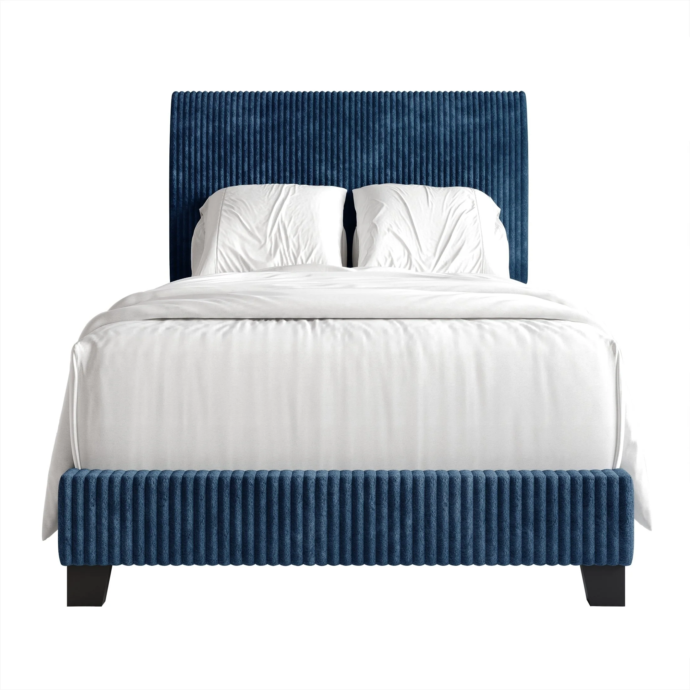 CraftPorch Corduroy 4-pieces Mid-Century Modern Navy Blue Bed with Light Grey Furniture Bedroom Set