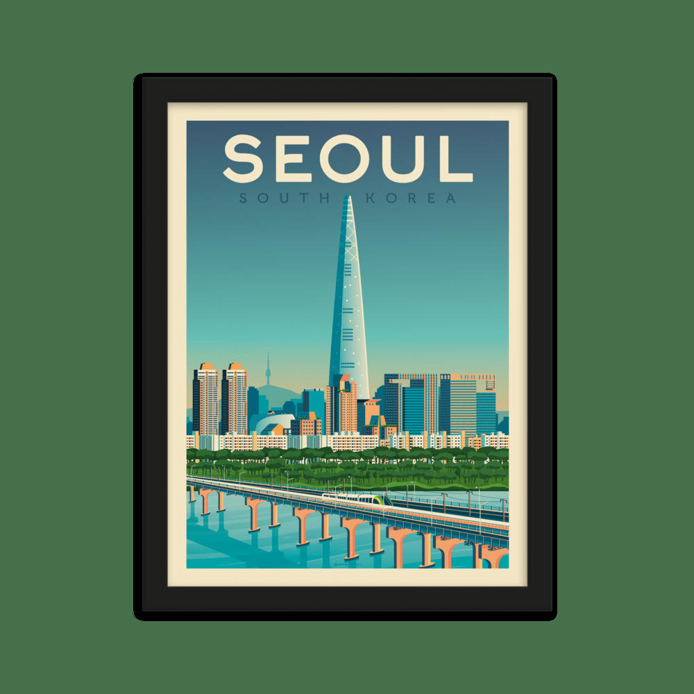- Affiche Séoul Corée du Sud + Cadre Bois noir 21x29,7 cm