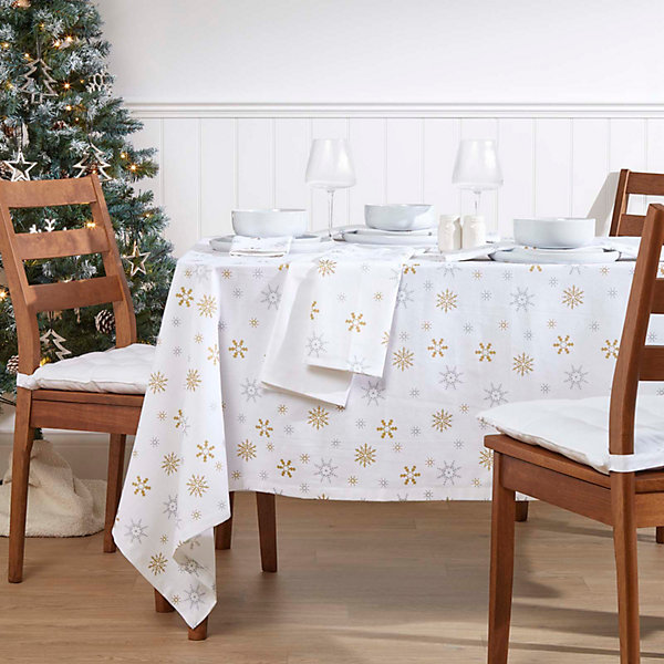 Nappe de noël en 100% coton - Blanc motif flocons de neige - 137 x 178 cm - HOMESCAPES - Lavable en machine
