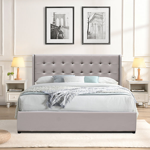 Lit coffre 140x200 cm tete de lit capitonnee - 14 lattes - montage rapide - design moderne - espace de rangement optimal