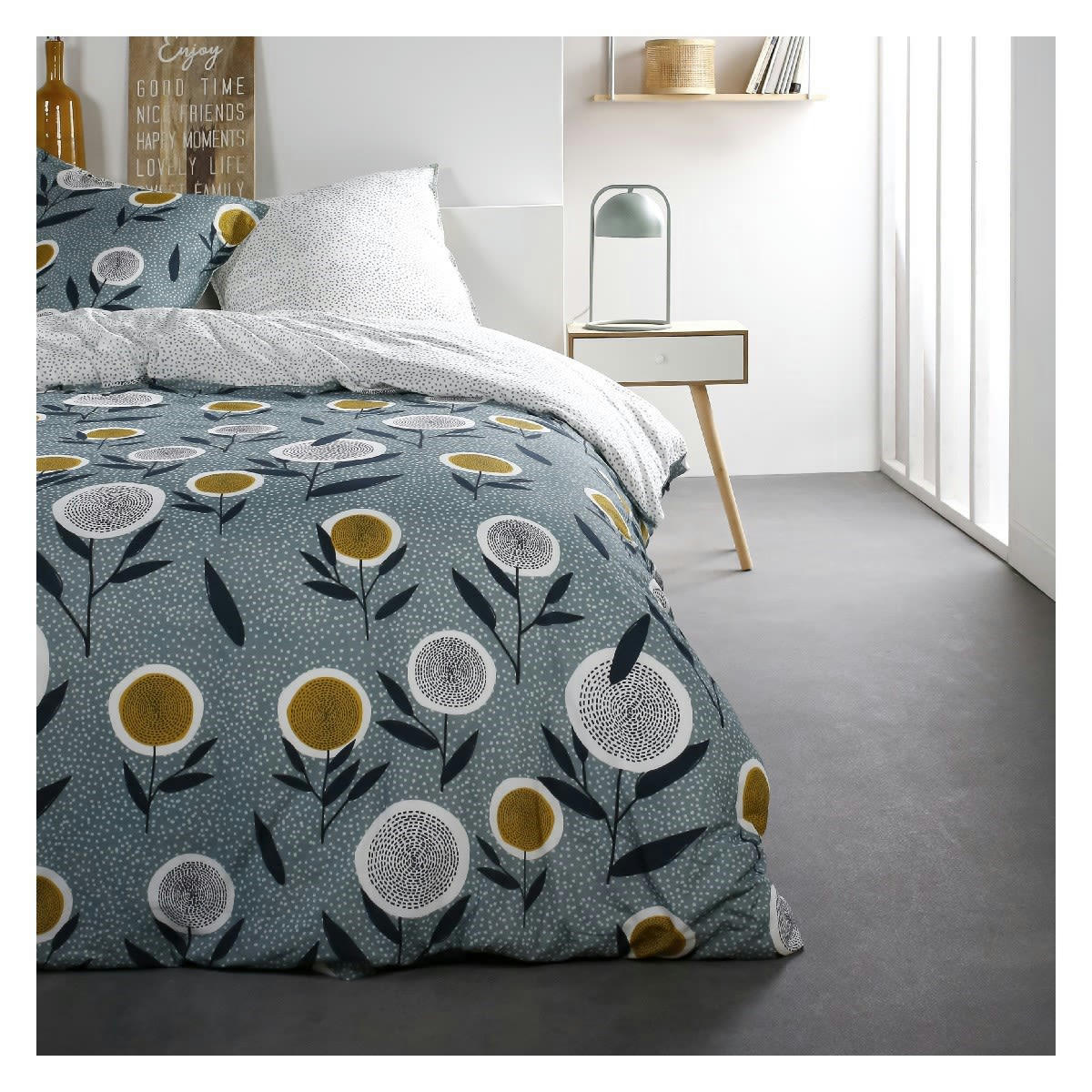 SUNSHINE - Parure de lit 2 personnes imprimé floral en Coton Bleu 220x240 cm