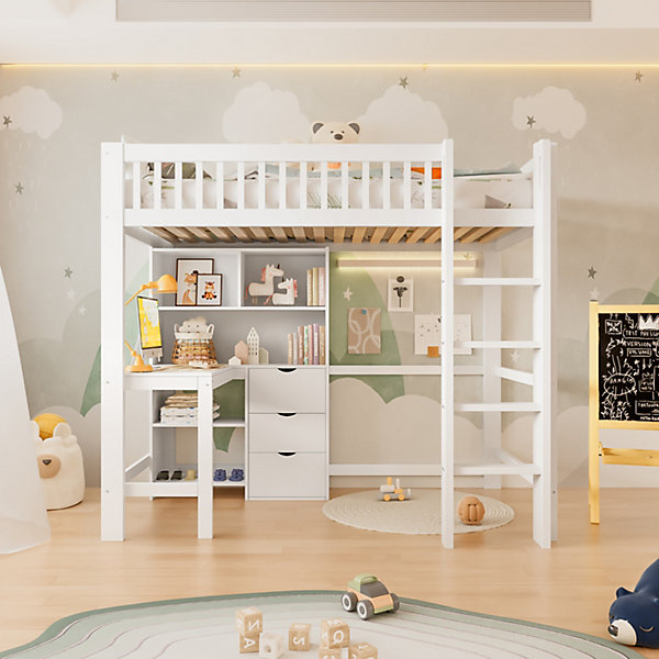 Lit Mezzanine Enfant 90x200 cm avec Escalier et Rangements - Lit en Bois de Pin et MDF, Sans Matelas, Blanc