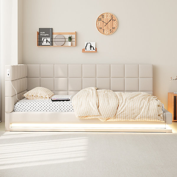 Lit Banquette 90x200 cm Simple avec LED et Port USB, Confortable et Douillet, Dossier Rembourré, Lin Beige Sans matelas