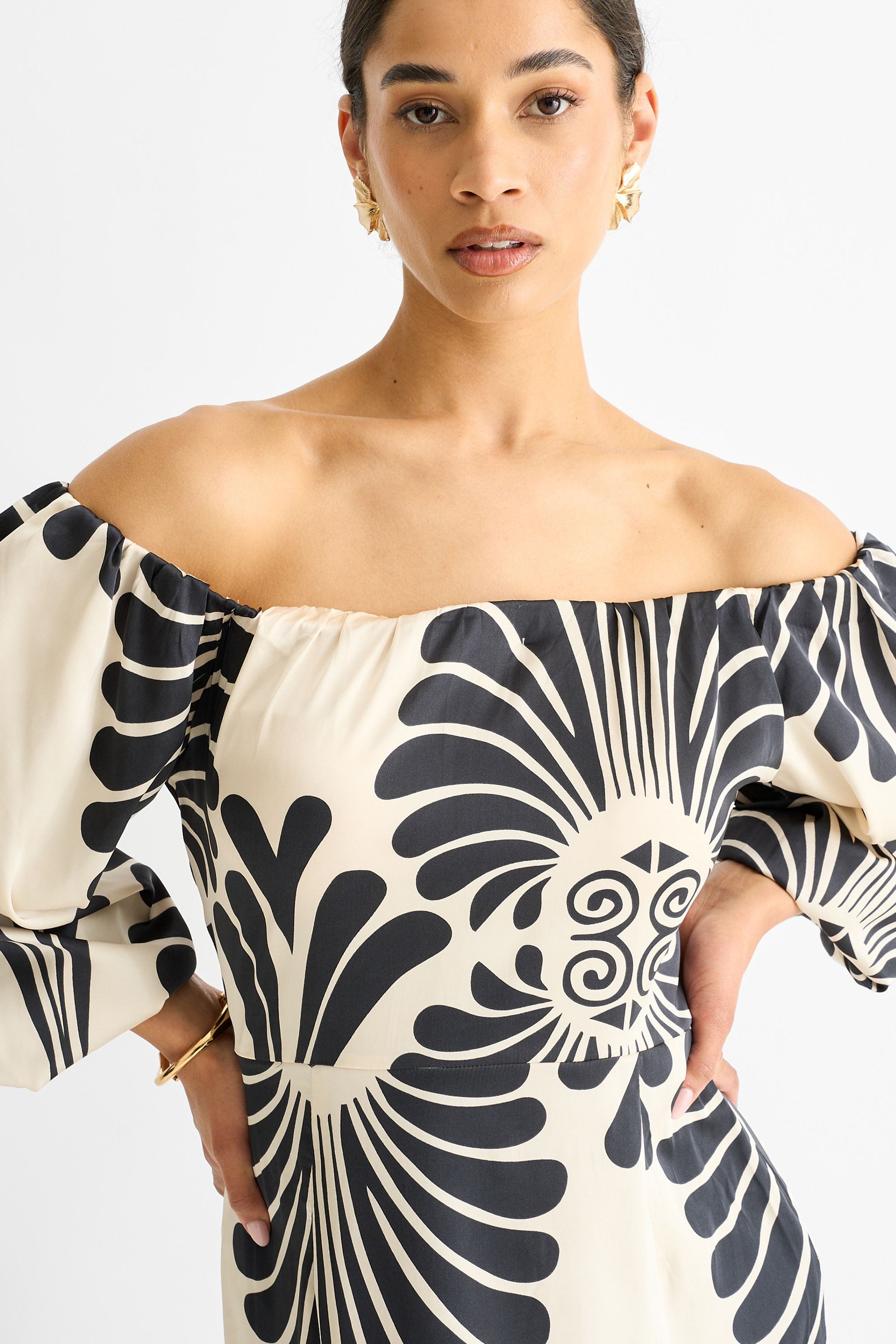 Gini London Cream Bardot Mono Print Maxi Dress