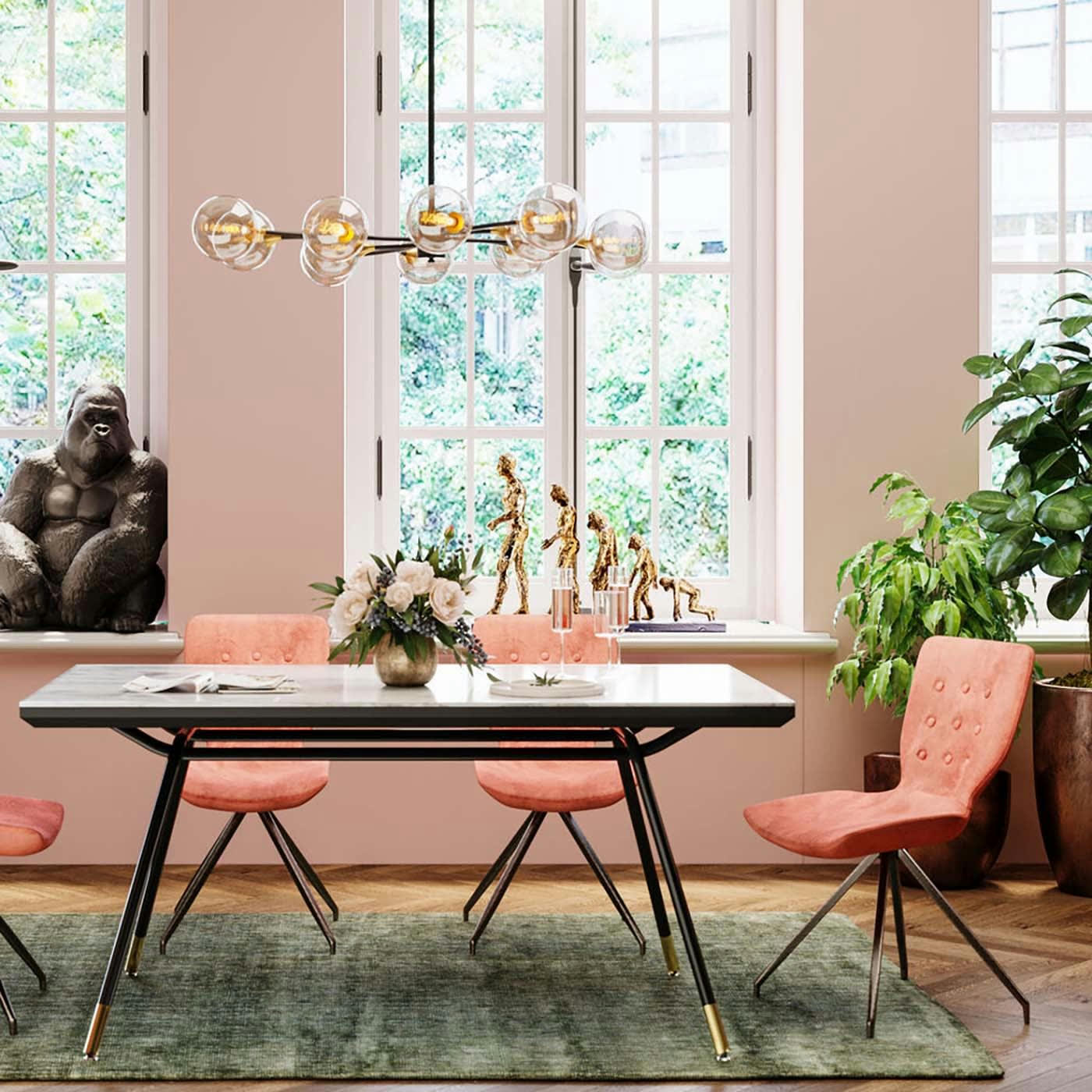 SOUTH BEACH - Table à manger 6 personnes en verre effet marbre blanc et acier