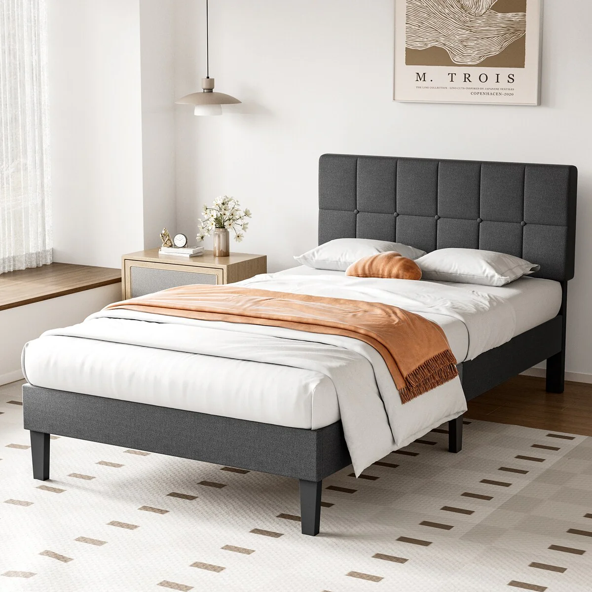 Twin Bed Frame, Upholstered Tufted Linen Platform Bed with Adjustable Height Headboard
