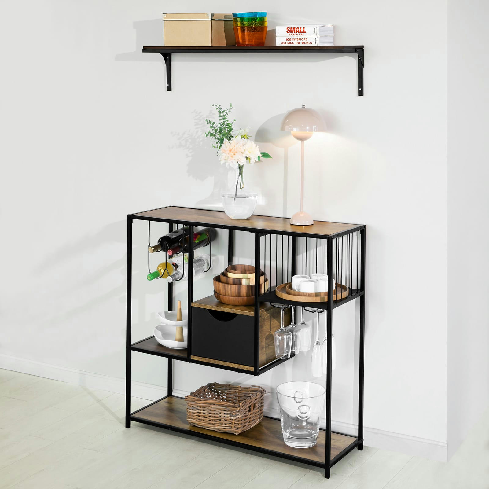 - Table console cadre en métal noir avec 3 étagères et 1 tiroir
