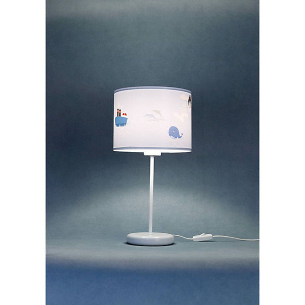 Lampe de chevet enfant Sweet Dream 22,5 x 22,5 x 44 cm Tissu PVC imprimé animaux des mers fond bleu clair, intérieur blanc