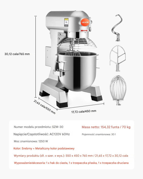 Mikser planetarny gastronomiczny 30L 1100W regulacja prędkości piekarnia