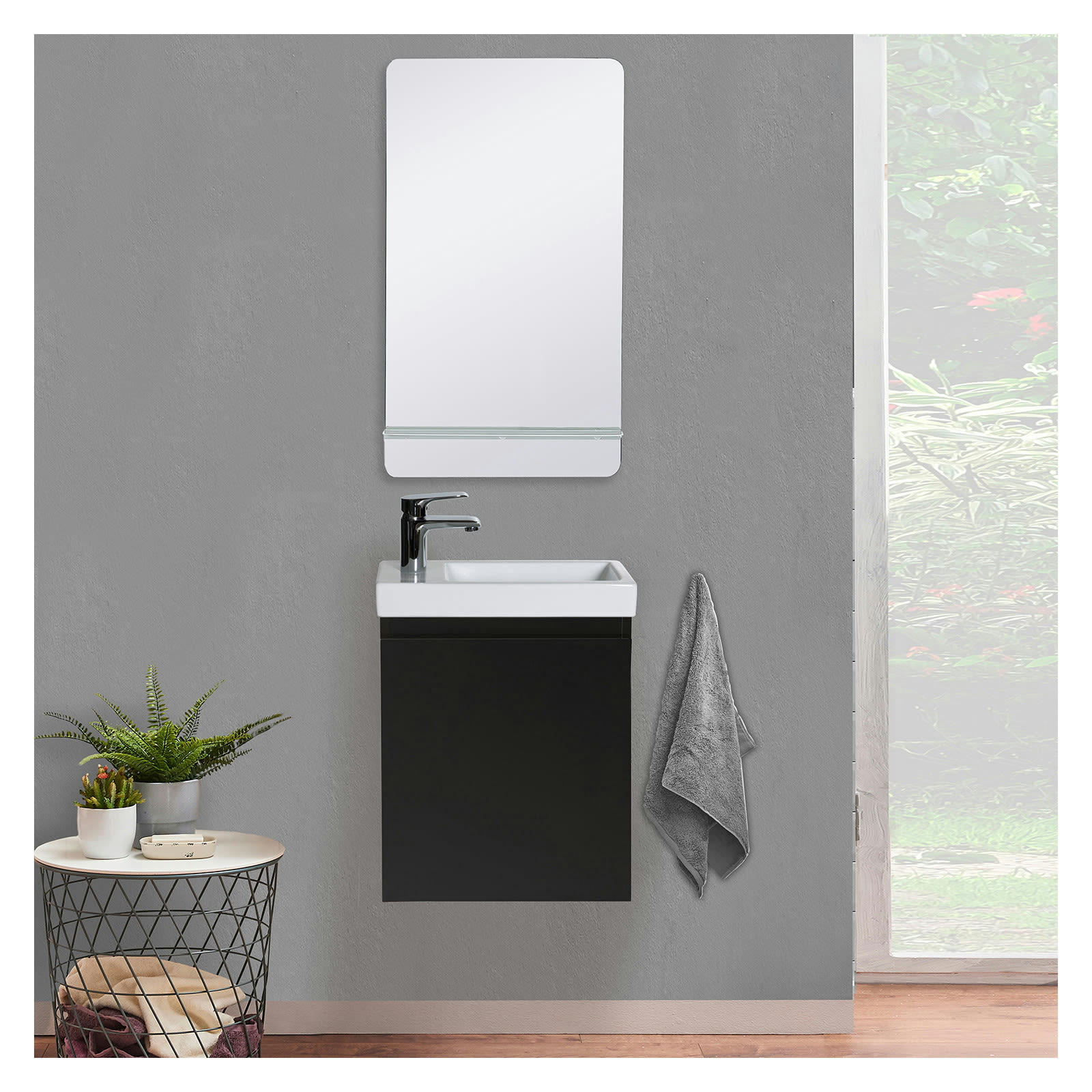 LISA - Meuble lave-mains  noir + miroir rectangulaire