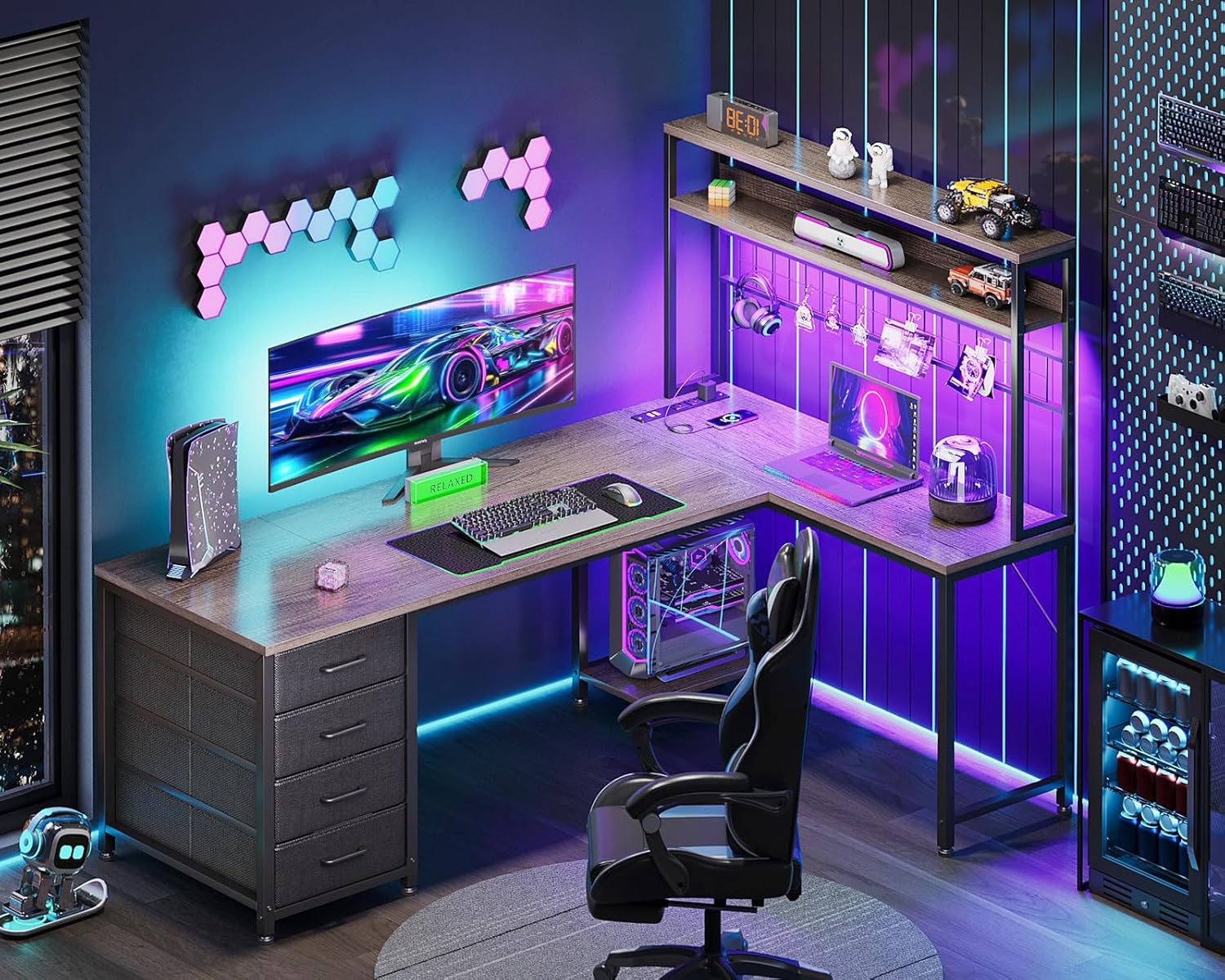 AODK L Shaped Desk Gaming Desk with LED Light & Power Outlet, 59 Inch Reversible L Shaped Computer Table with 4 Drawers for Home Office, Grey