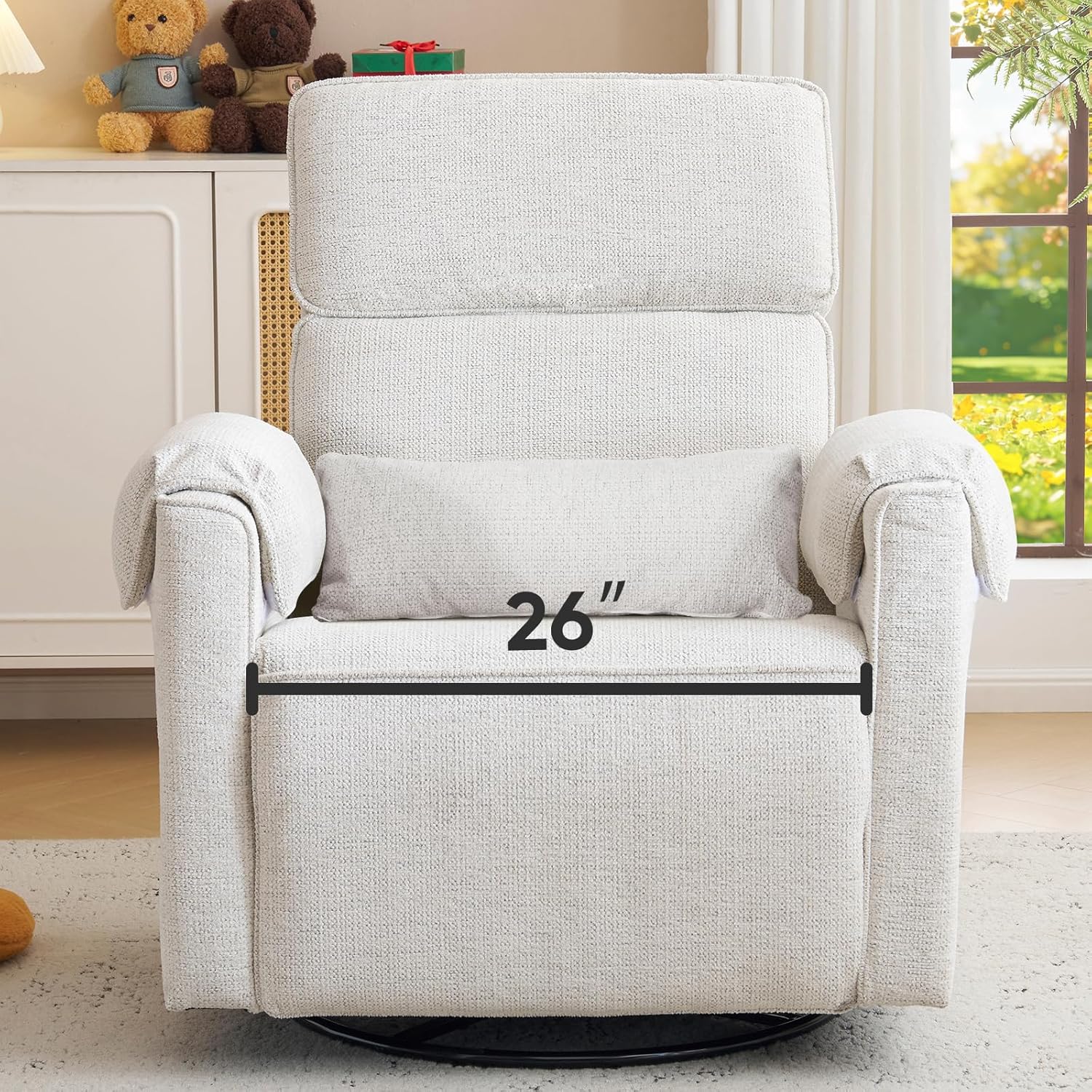 Oversized Power Recliner Chair, 26 Extra Wide Swivel Rocker Recliner with Adjustable Headrest, Chenille Glider Rocking Nursery Chair with Overstuffed Armrest, USB Ports, White