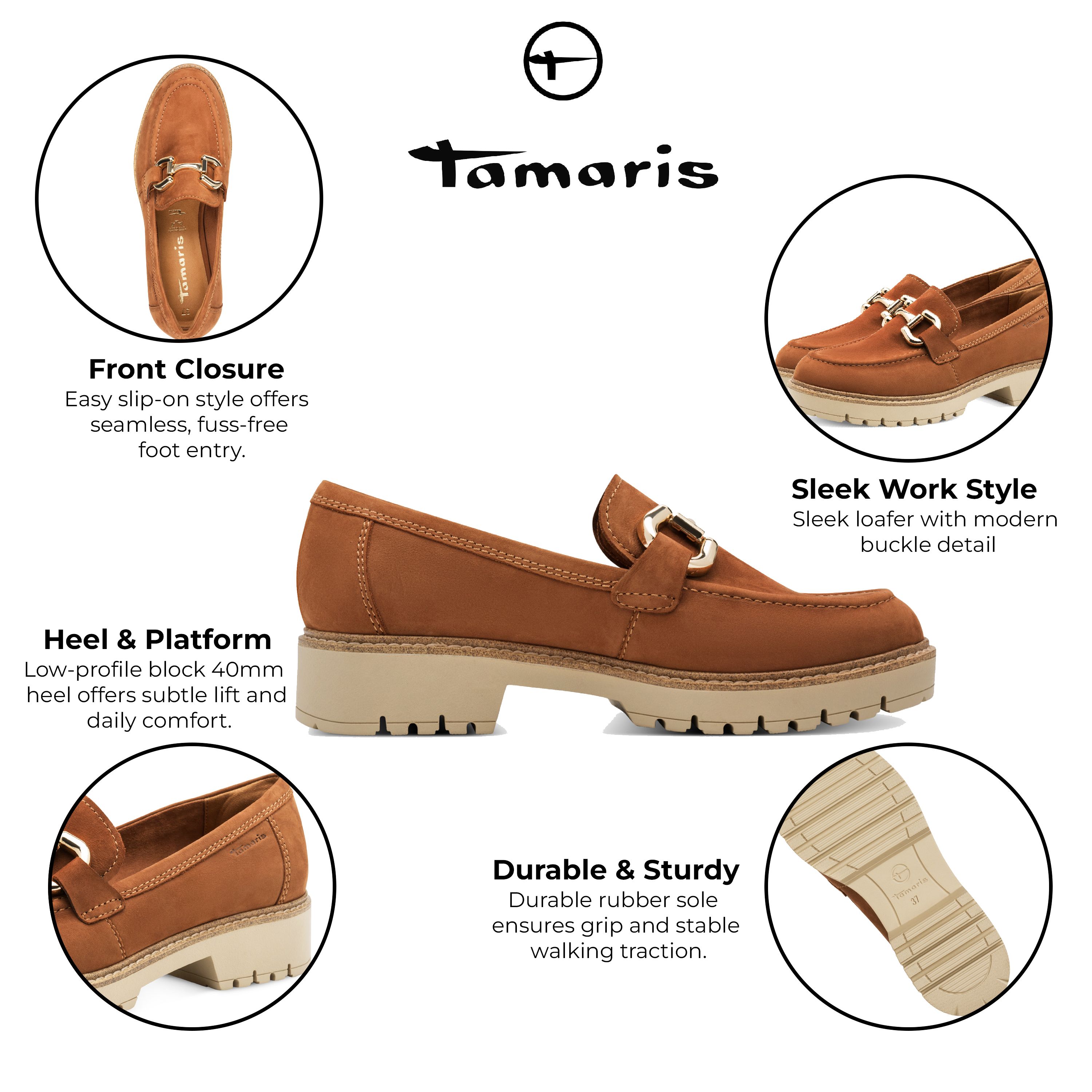 Infinity Leather Tamaris Cognac Tan Leather Loafers Slip-On Platform Shoes