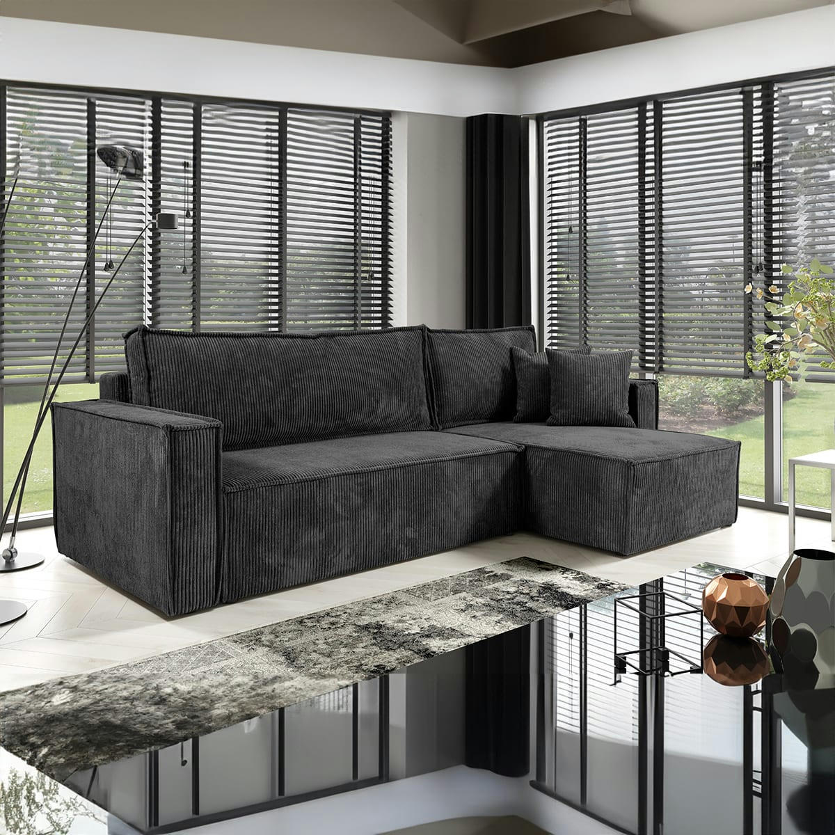 - Canapé d'angle réversible convertible 3 places velours côtelé gris