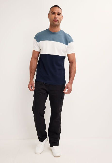 Mens Navy Colour Block Textured T-Shirt
