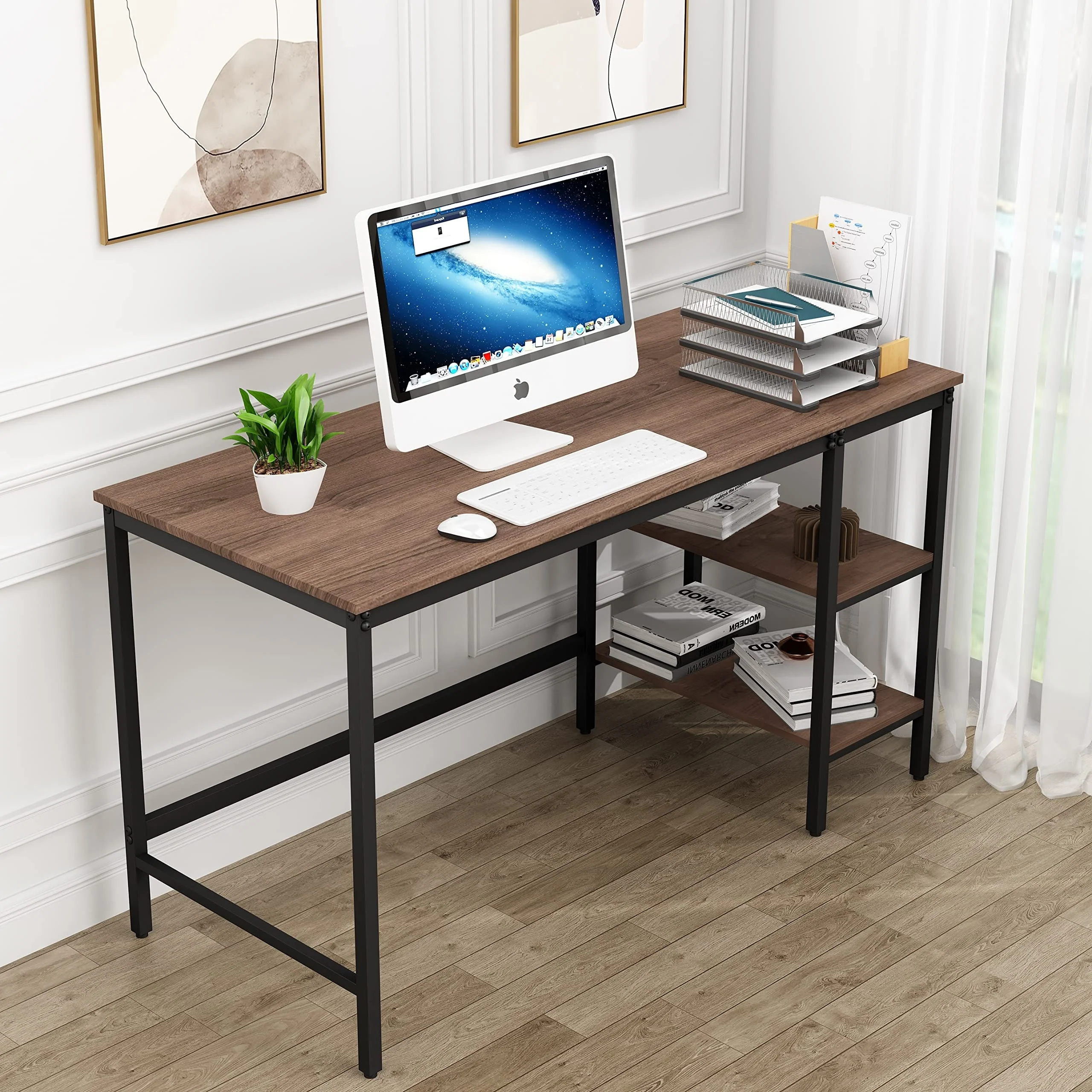 Computer Desk with Storage Shelves, Industrial Reversible Home Office Desk Workstation Study