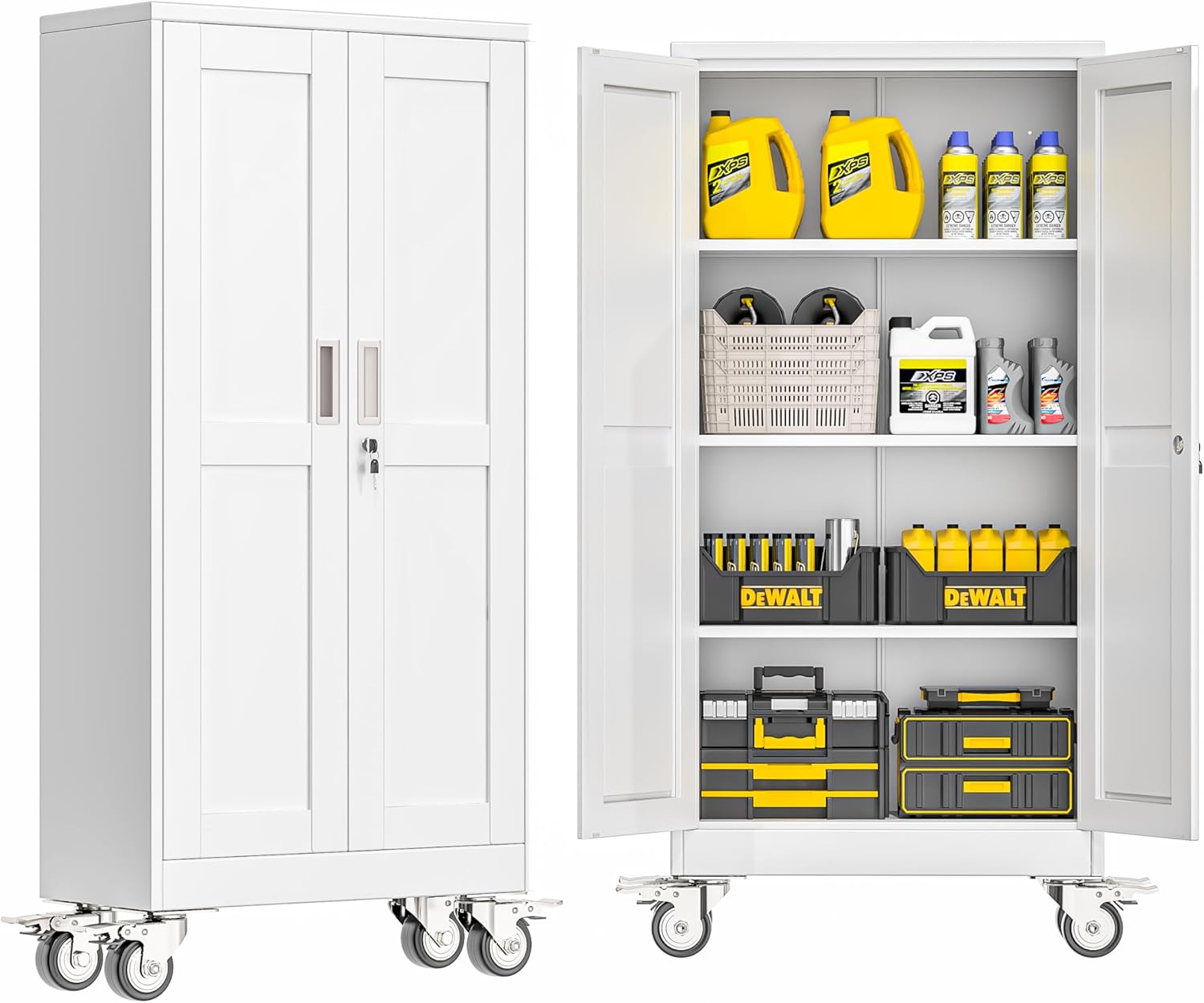 GAIOUS Metal Garage Storage Cabinet with Lock, 61” Tall Lockable File Cabinet with Wheels, Steel Tool Cabinet with 2 Door and 3 Adjustable Shelves, Rolling Cabinet for Home Office Garage Gym - White