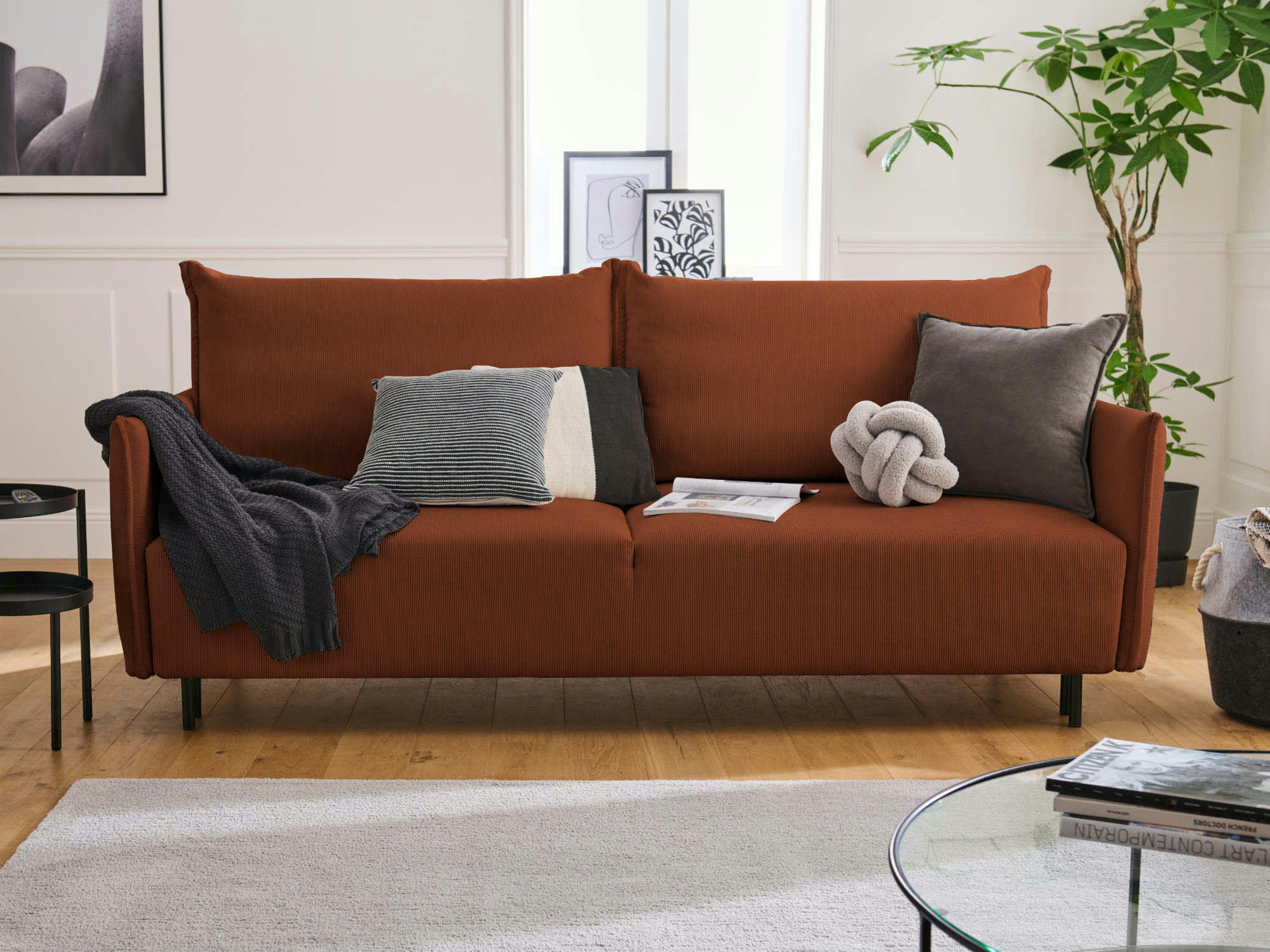 VALENTINA - Canapé droit convertible 3 places en velours côtelé rouille