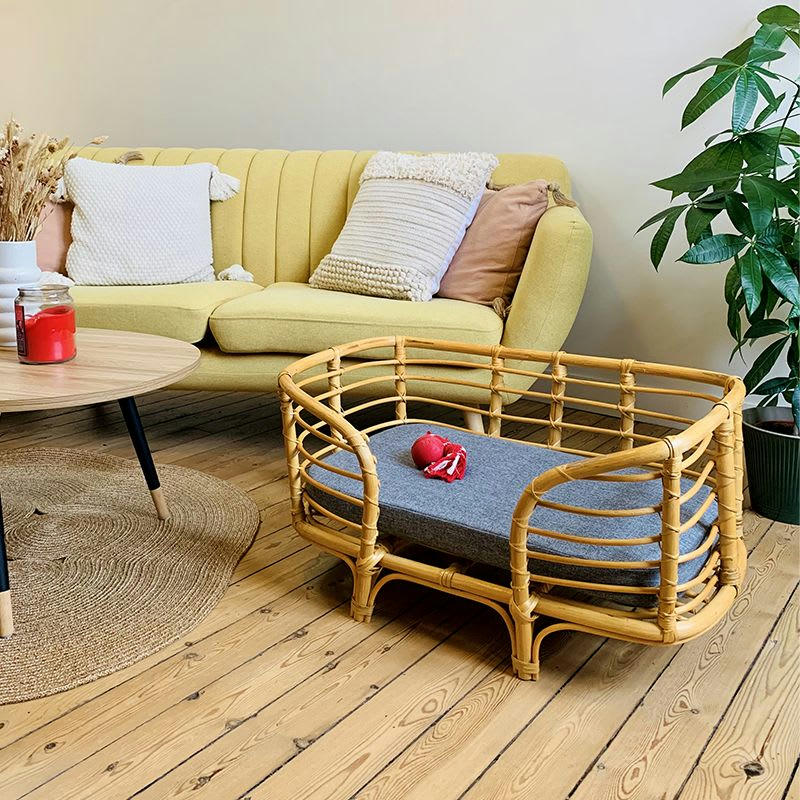 SELENE - Panier rectangulaire pour chien et chat en rotin coussin coloris gris