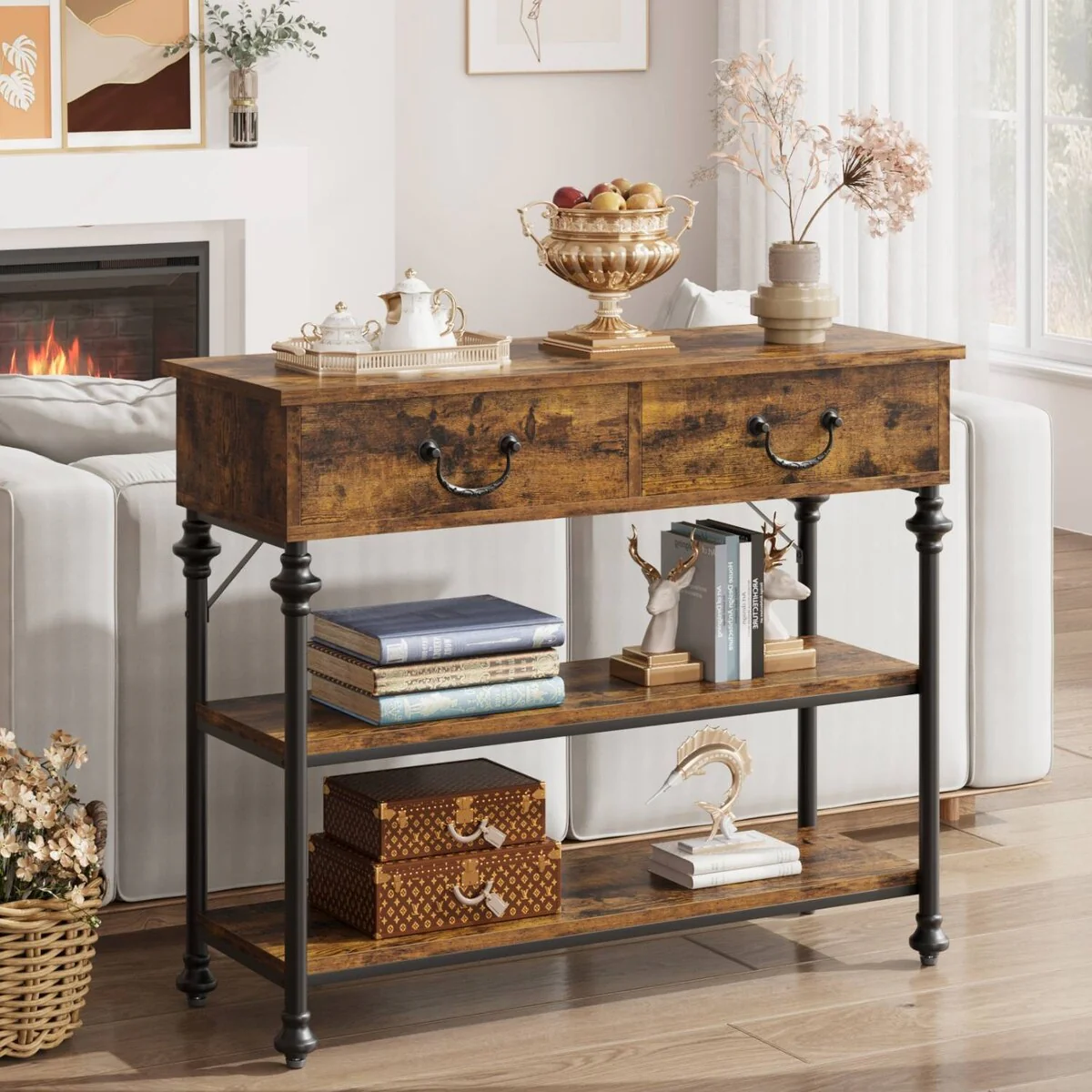 Narrow Console Table with Drawers and Shelves for Entryway