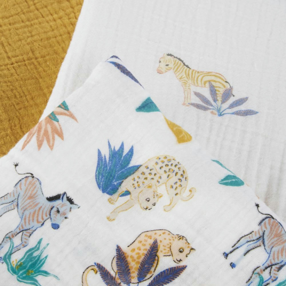 MADRID - Langes bébé en gaze de coton biologique blanc à motif zèbre, ocre et motif animalier (x3)