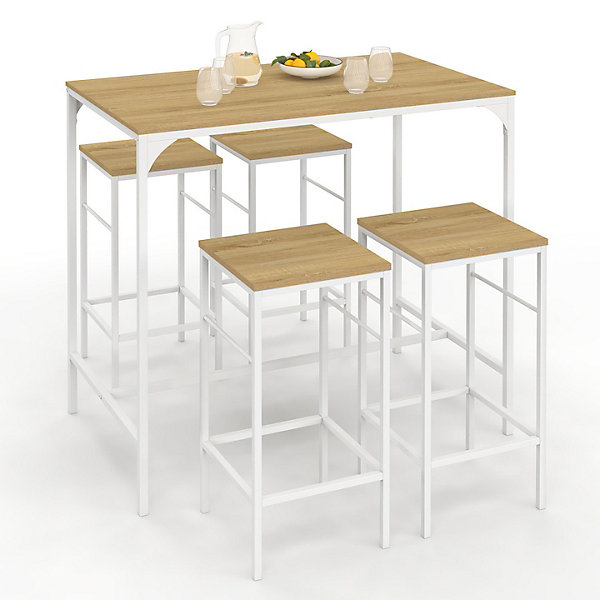 Ensemble table haute de bar DETROIT 100 cm et 4 tabourets de bar bois et métal blanc design industriel