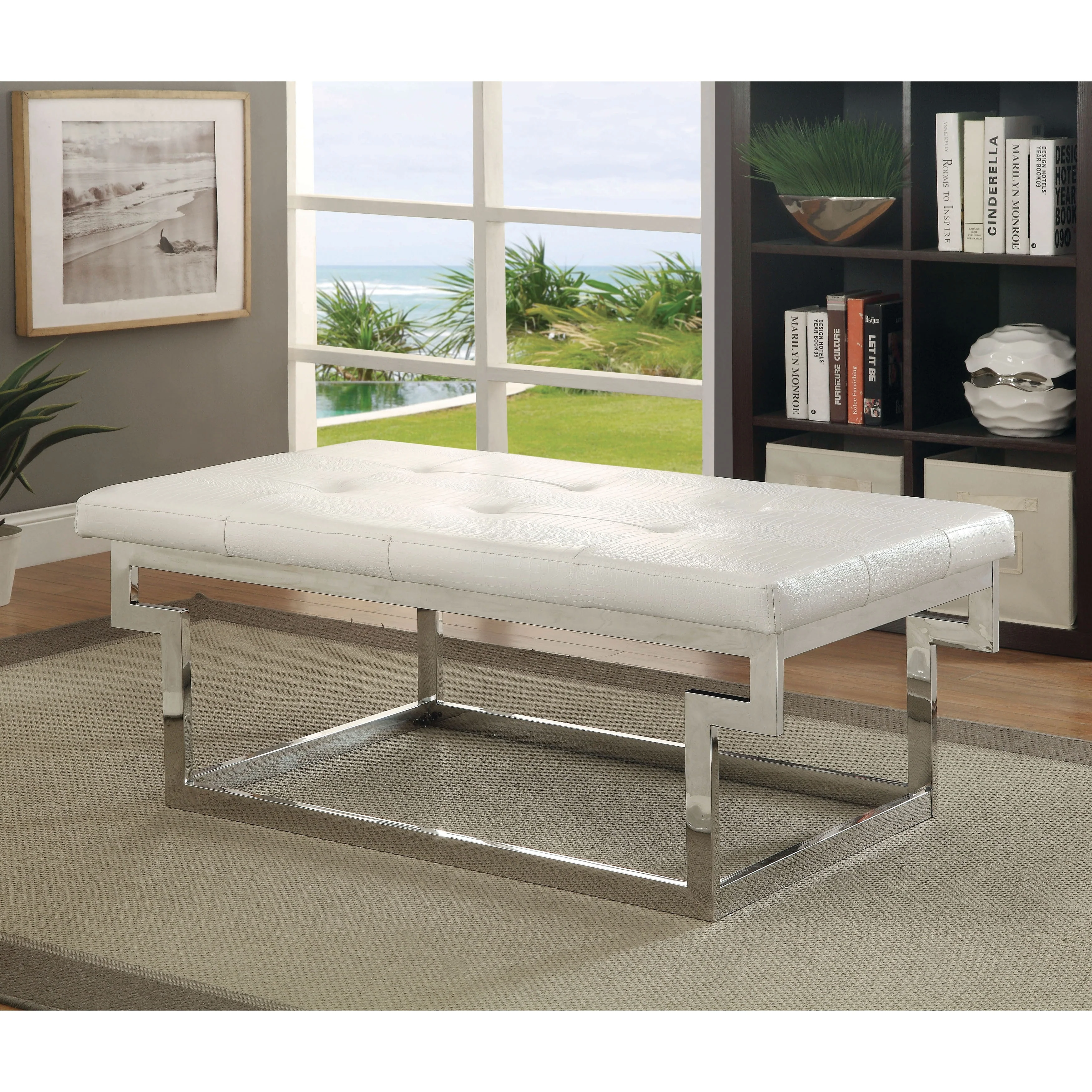 Jiva Contemporary Metal Upholstered Tufted Accent Bench by Furniture of America