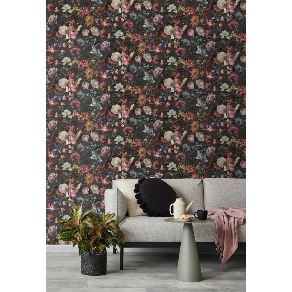 Walls4You behang bloemmotief grijs, roze en blauw - 53 cm x 10.05 m