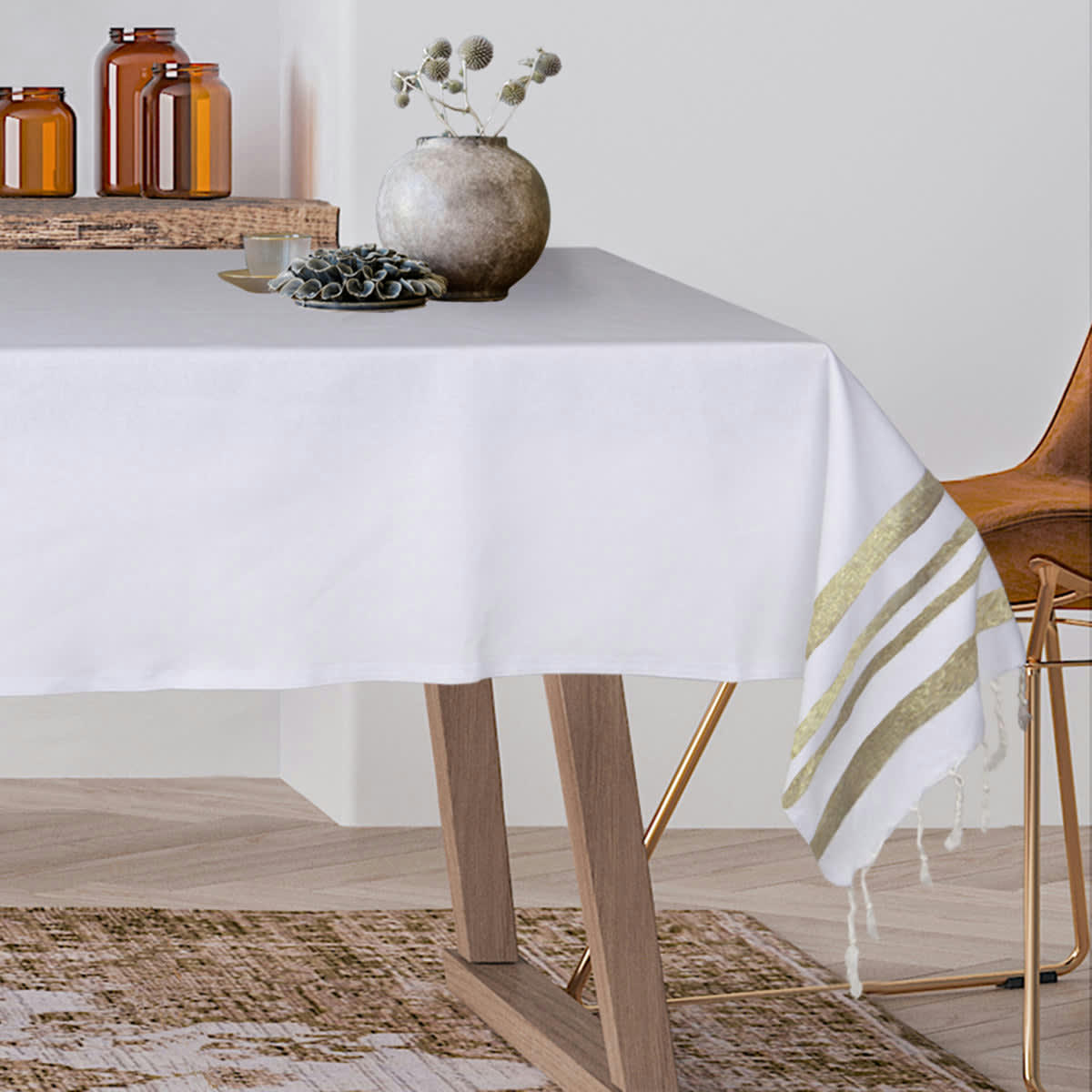 HAMPTONS - Nappe carrée lurex coton  170x170 blanc / or