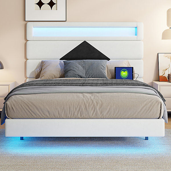 Lit flottant 140x190 cm avec LED, 2 ports USB, cadre avec sommier à lattes, tête de lit, pour 2 personnes, blanc et noir