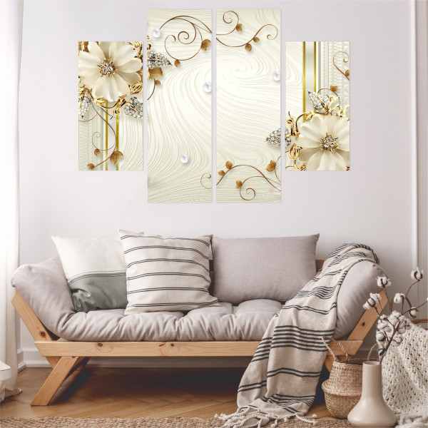 Obraz Tetraptyk Abstrakcyjne Kwiaty Z Kryształami 80x60cm