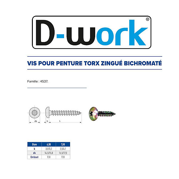 100 Vis Bois pour Penture Torx 7 x 70 mm - Zingué Bichro - D-Work