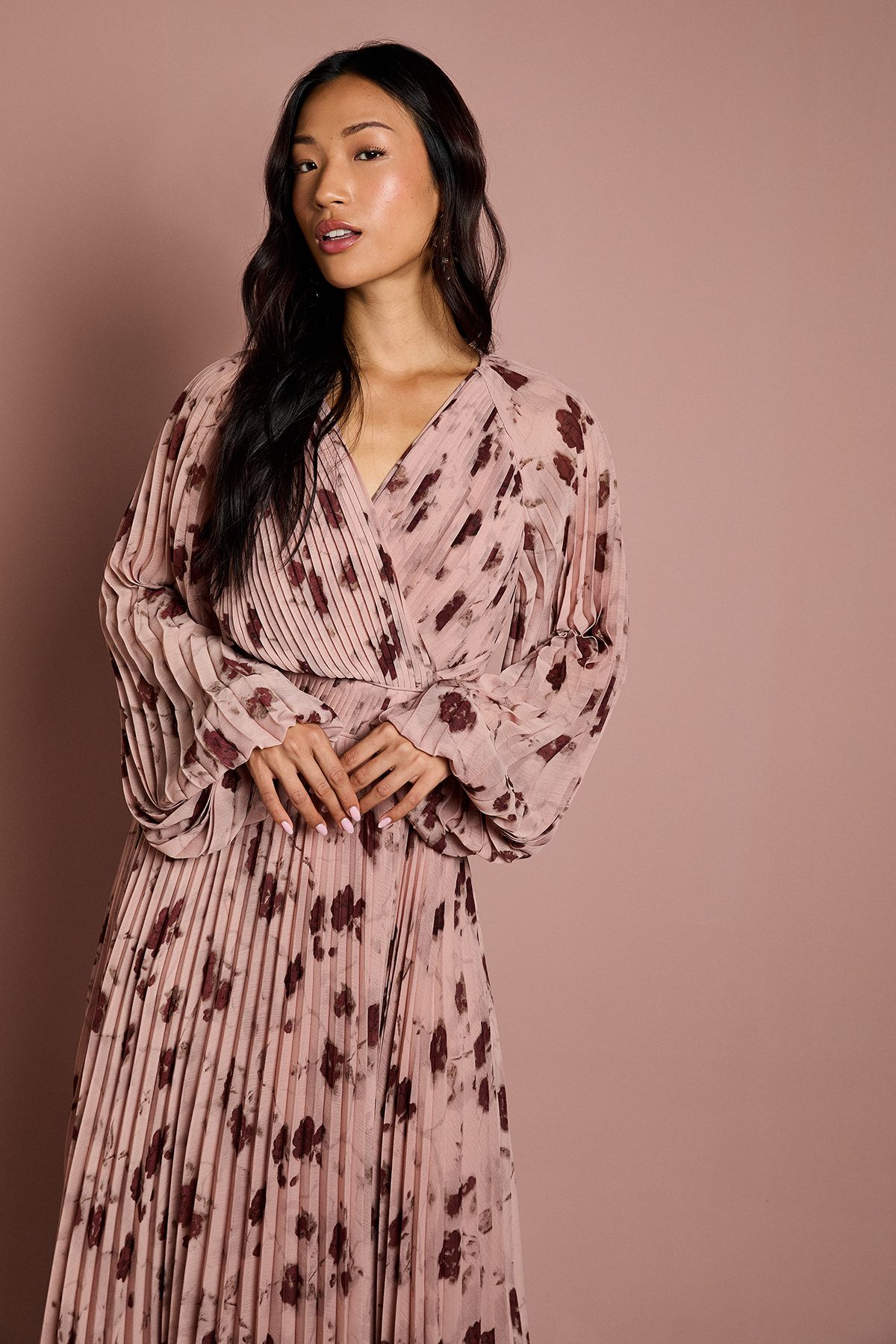 Coast Long Sleeve Chiffon Pleated Wrap Midi Dress