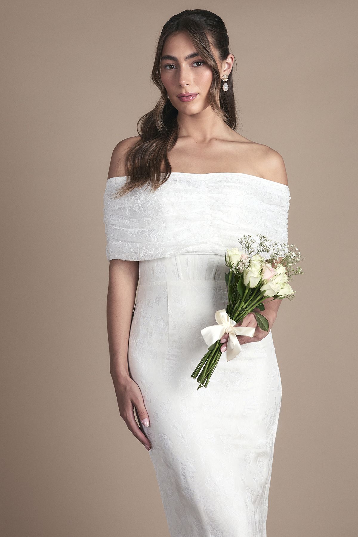 Coast Lisa Tan Bandeau Jacquard Column Midi Wedding Dress