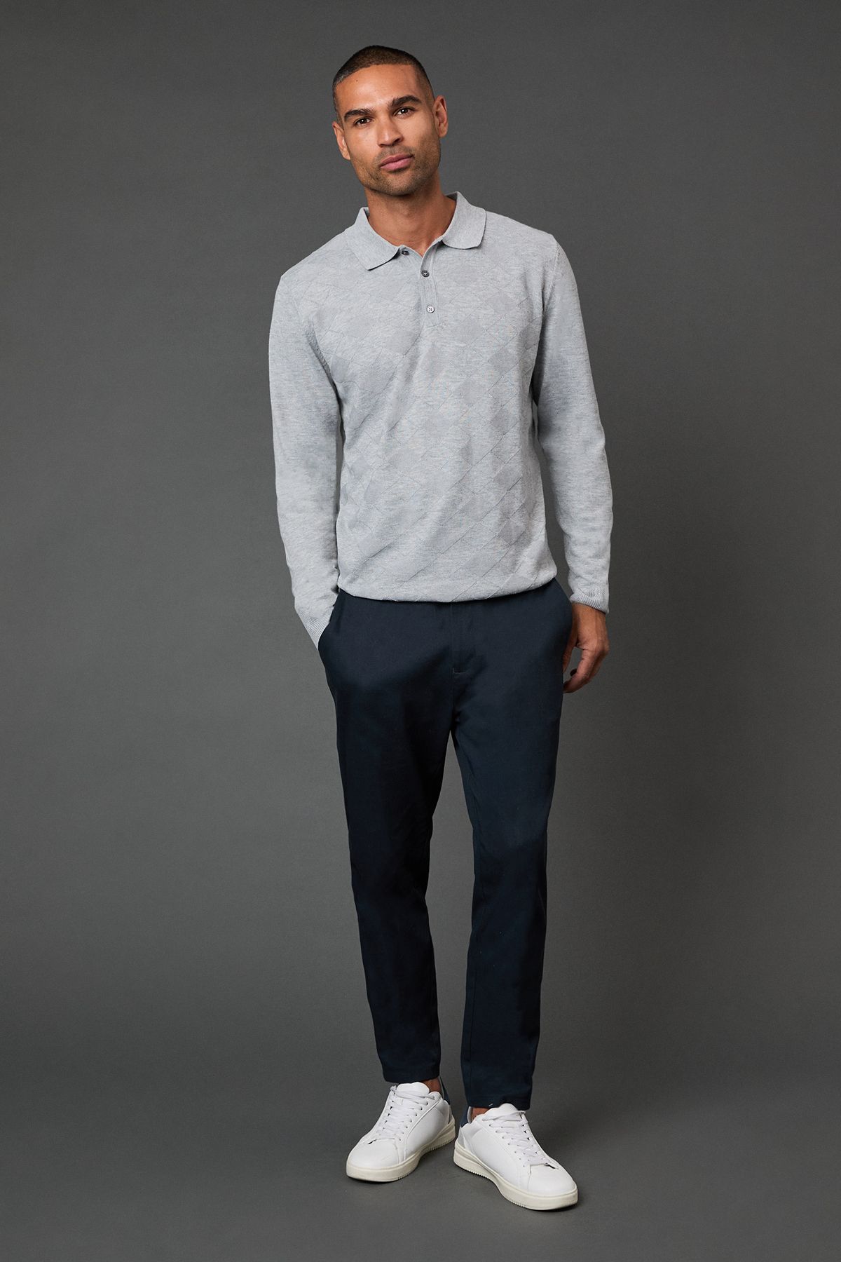 Burton Light Grey Textured Long Sleeve Knitted Polo