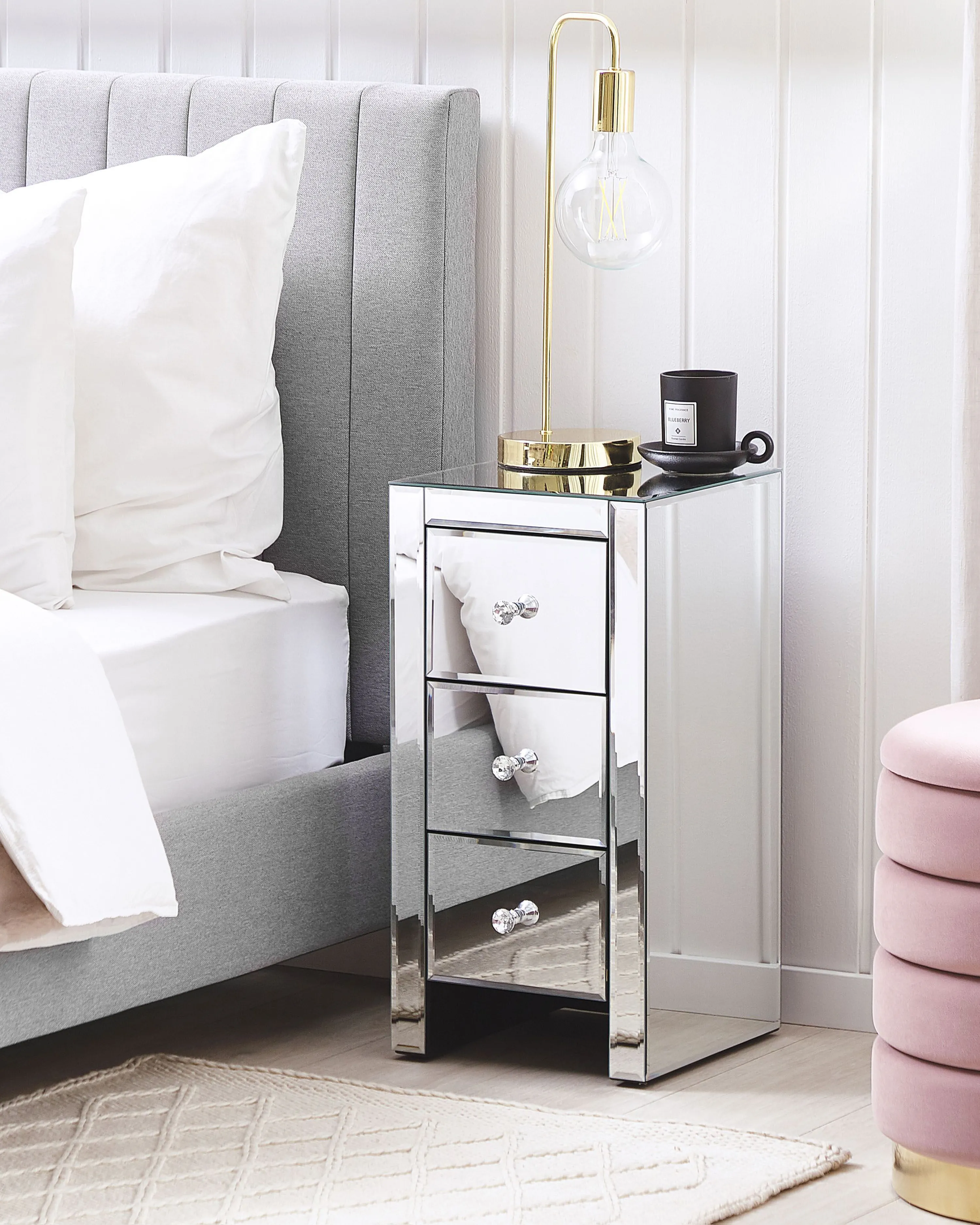 3 Drawer Bedside Table LORRIS Glass Mirrored Silver