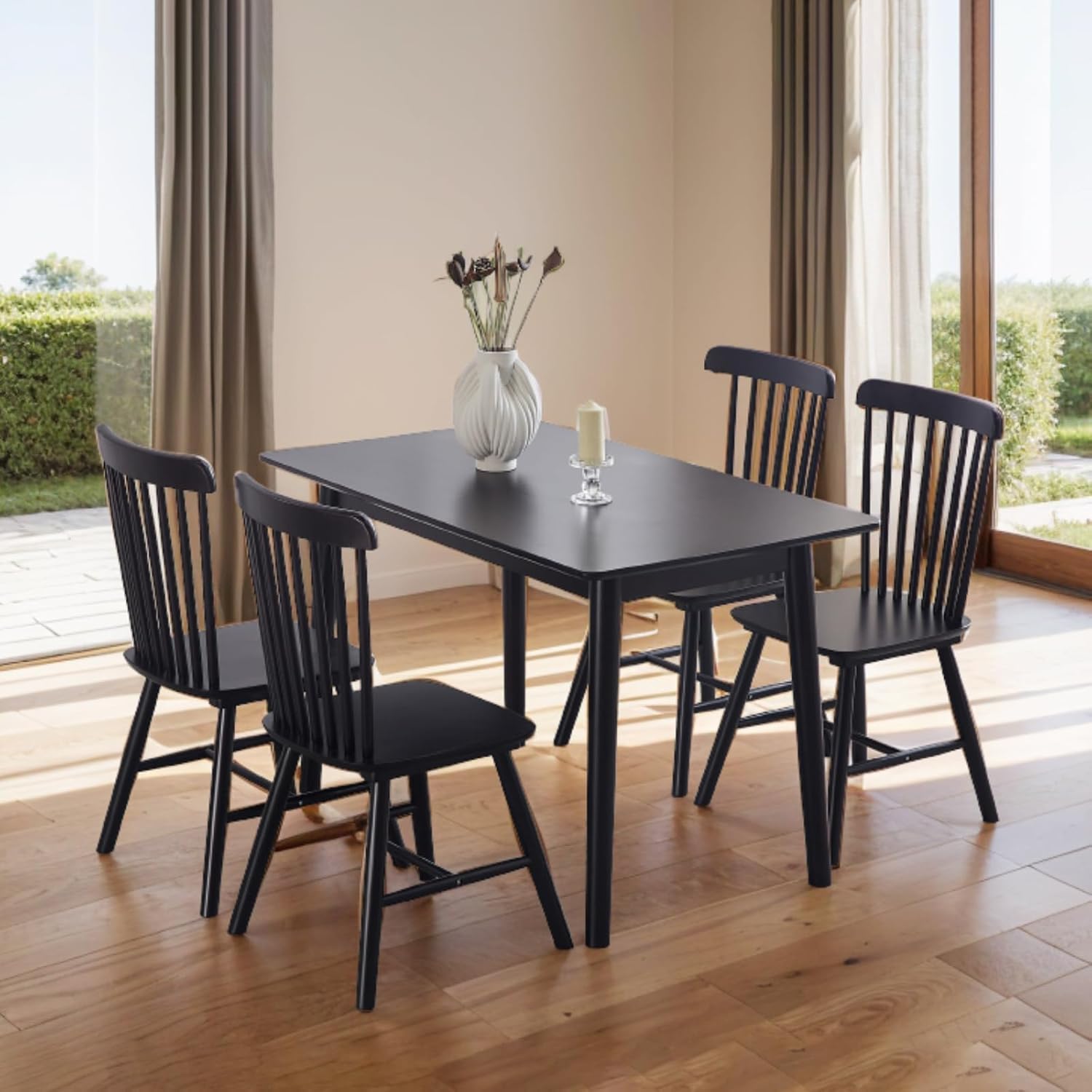 Black Windsor Dining Chairs Set of 4 Wooden Dining Chairs Spindle Back Dining Room Chairs, Modern Farmhouse Solid Wood Kitchen Chairs for Living Room, Restaurant, Cafe