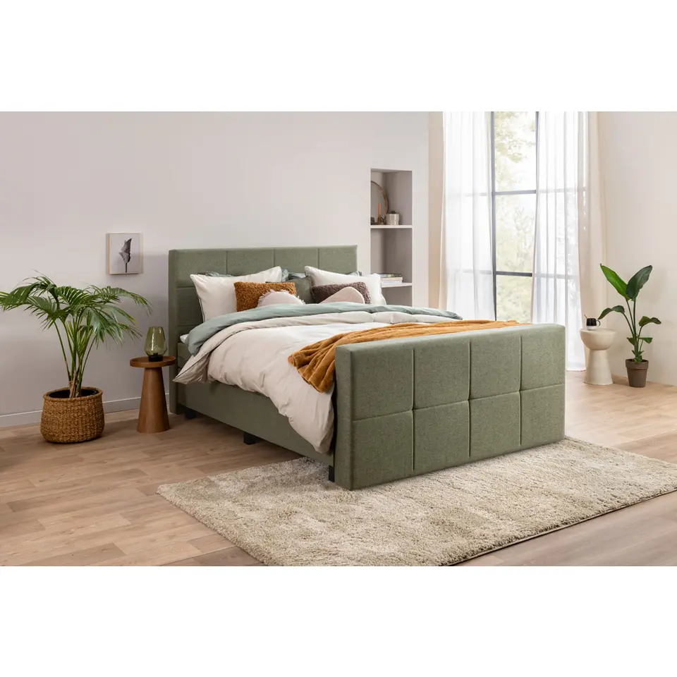 Boxspring met voetbord Liv geblokt - groen - 180x200 cm - slanke poot