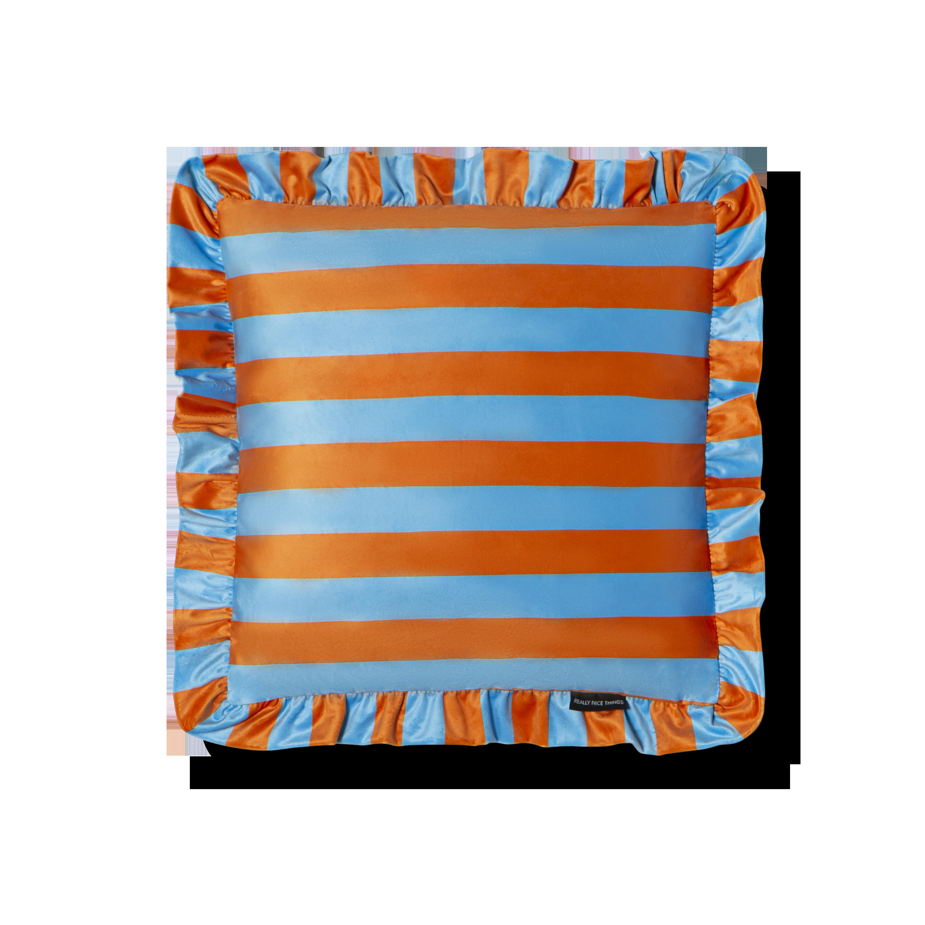 RUFFLE - Coussin en velours avec volant plissé, orange et bleu