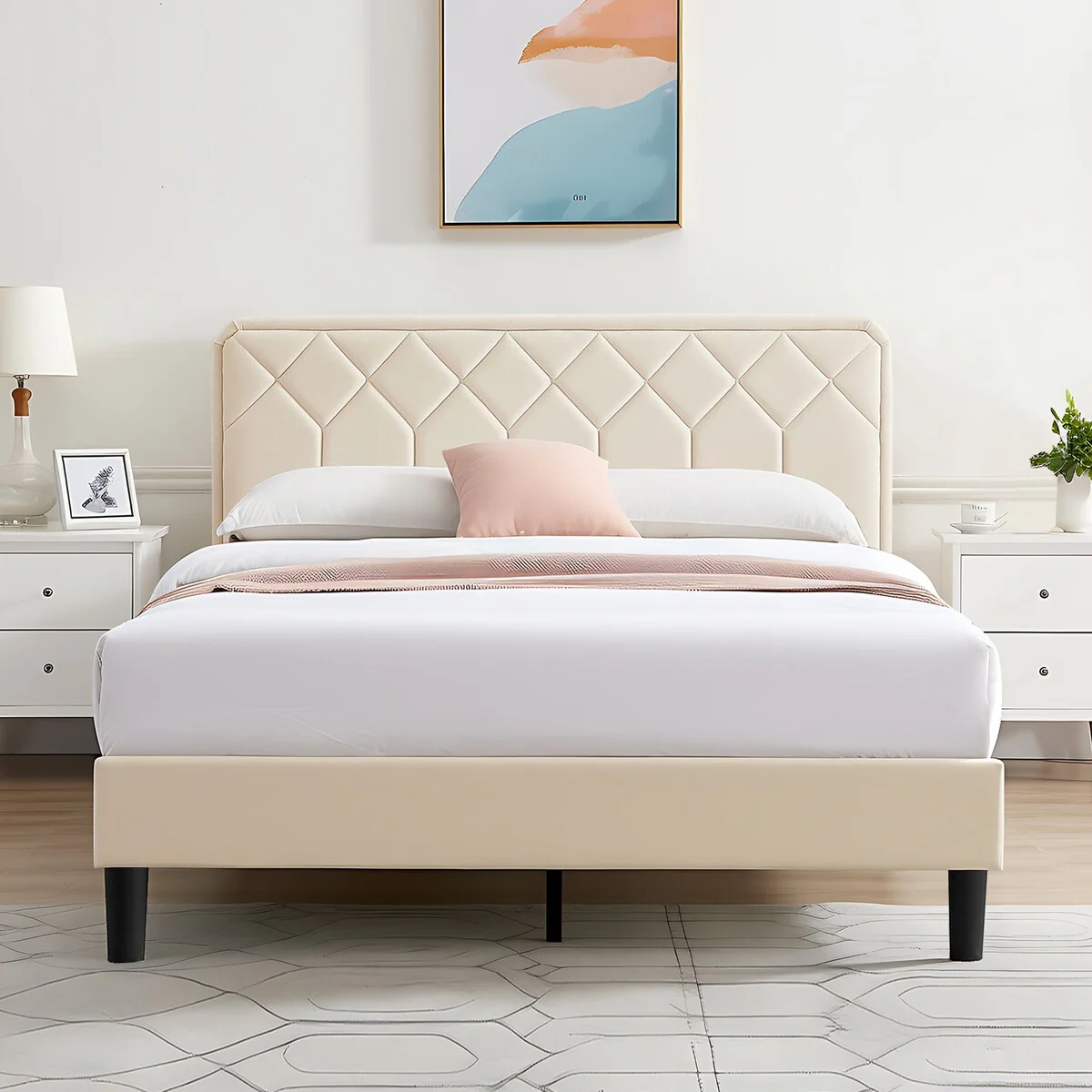 VECELO Upholstered Bed Frame with Adjustable Height Headboard, Twin/Full/Queen Size Beds, Beige