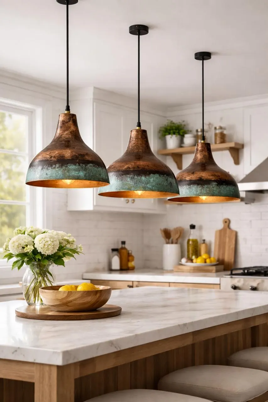 Set of 3 Handmade Green Patina Copper Pendant Light: Rustic Island Lighting