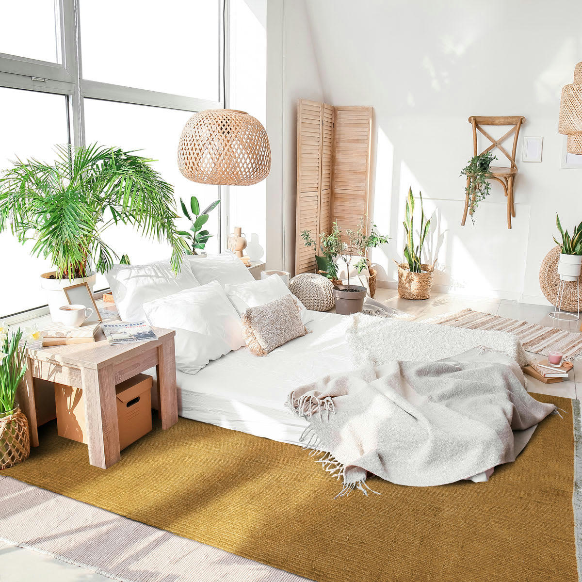 ESSENCE - Tapis en jute et coton avec franges ocre 190x290