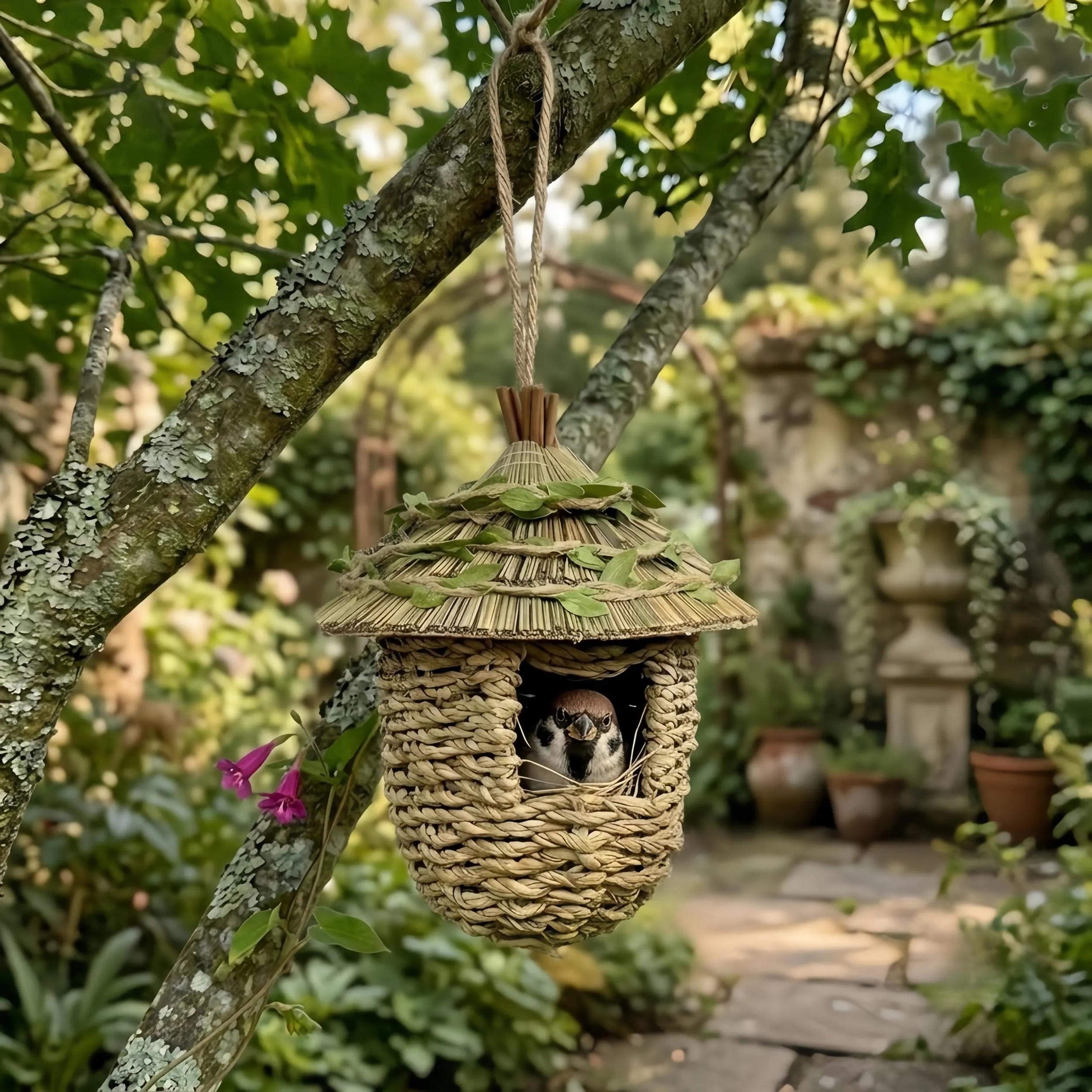 Handwoven Bird House, Natural Seagrass Nest with Green Leaf Trim, Weatherproof Outdoor Garden Nest Box for Robins Bluebirdsesting Box