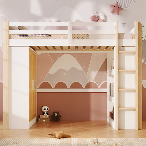 Lit mezzanine 90x200cm - avec éclairage LED - avec armoire - avec étagères - blanc   naturel (matelas non inclus)