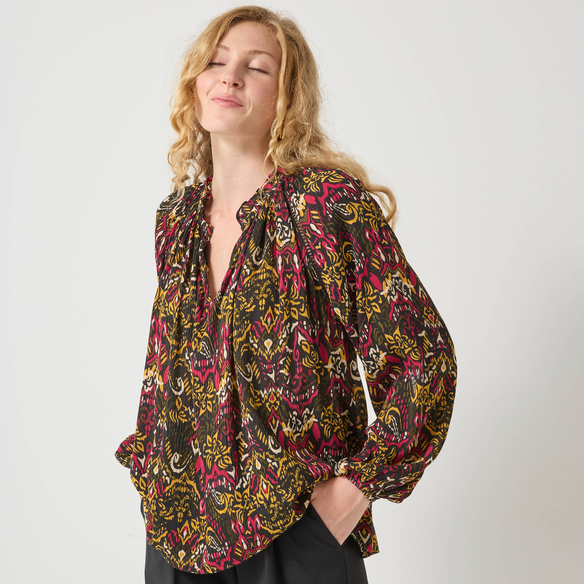Blouse en voile crépon imprimée ethnnique