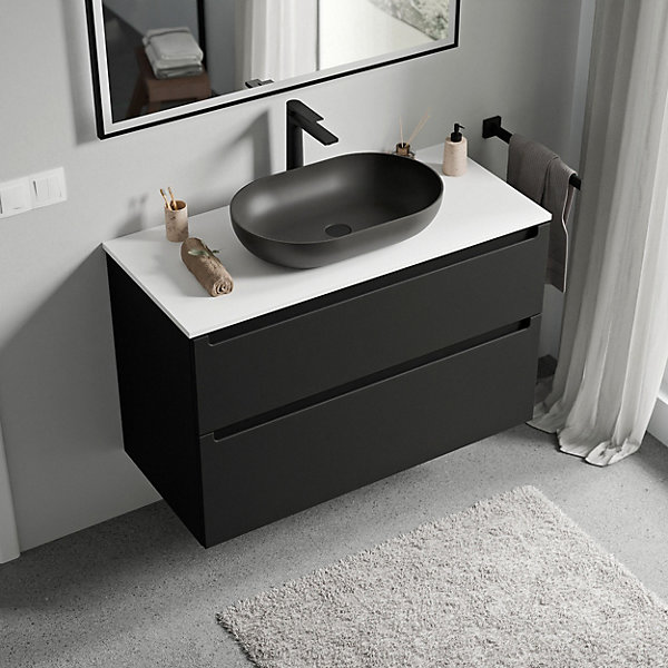 Meuble sous vasque suspendu MDF Noir mat, plan vasque Blanc mat, tiroirs pivotants - 80x46x62cm - VIREO