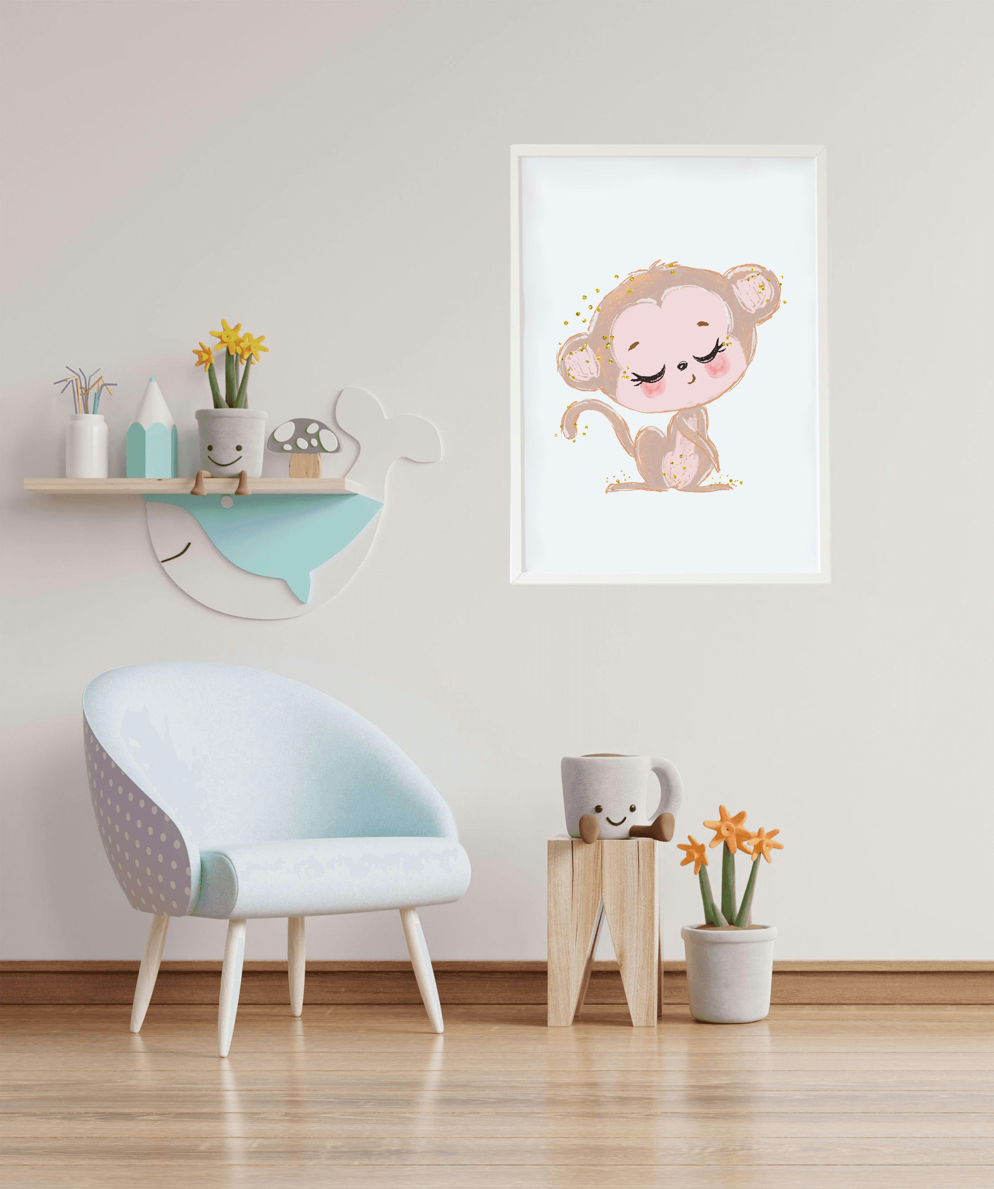 DECOWALL - Impression de singe encadrée en bois blanc 43X33 cm