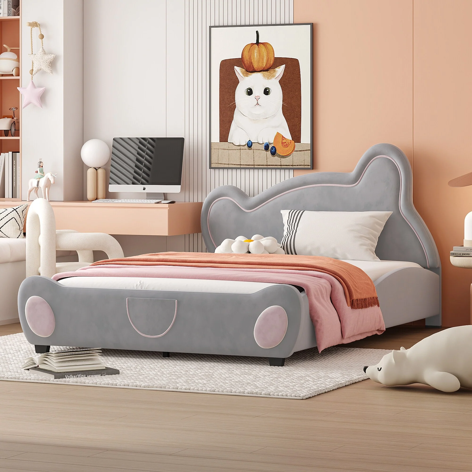 Adorable Twin Size Bear-Shaped Platform Bed with Storage Pockets