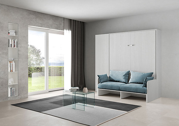 Lit double escamotable Kentaro 160 cm avec canapé et colonne en frêne blanc et bleu clair