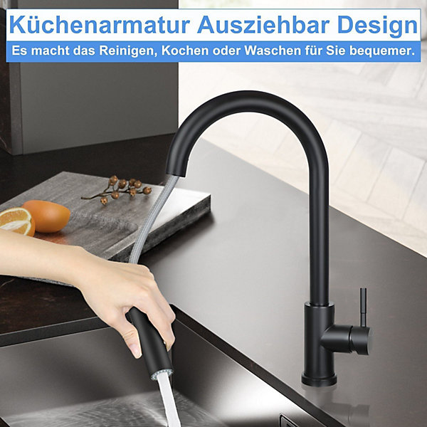 NETTLIFE Robinet cuisine avec pomme douche extensible acier inoxydable 360 noir